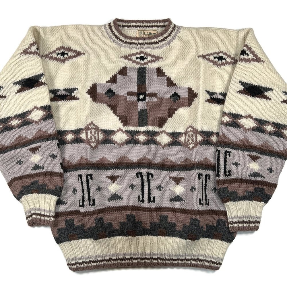 LL Bean Mens Wool Southwestern Aztec Sweater Large Heavy Thick Knit Crew Vintage